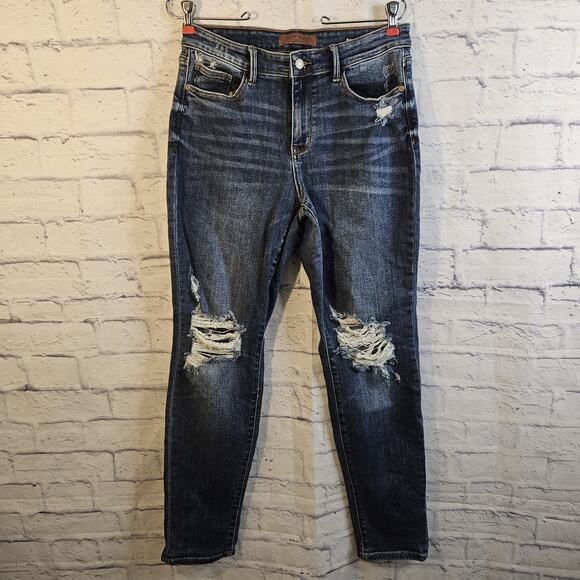 Judy Blue Denim - Judy Blue Jeans Women’s 9/29 Blue Mid Rise Boyfriend Fit Distressed Stretch